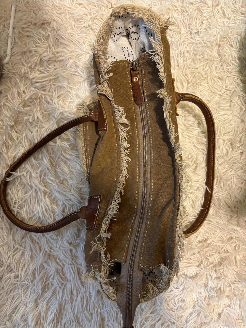Myra Bag Brown Canvas Tote with Leather Handles and Fringe Trim - Picture 3 of 7